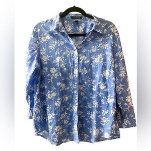 Lauren Ralph Lauren Relaxed Button Up Blue Floral Shirt 100% Cotton XL